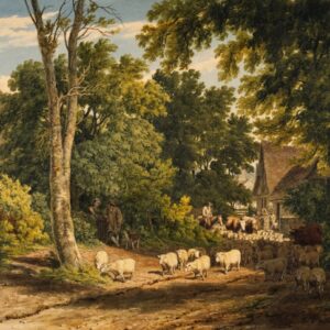 old world country painting with sheep